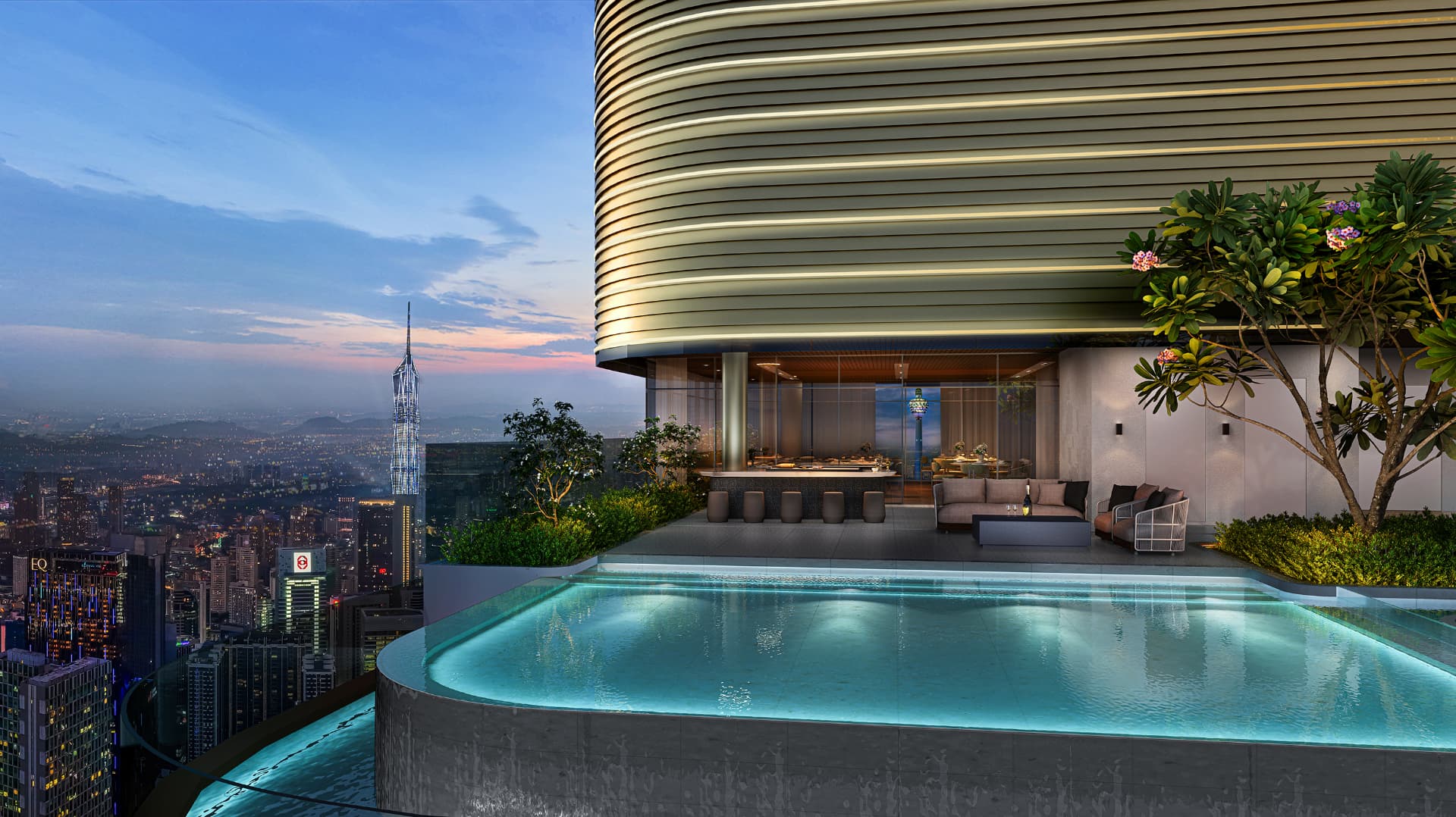 BBQ area with kids' pool overlooking the KL skyline