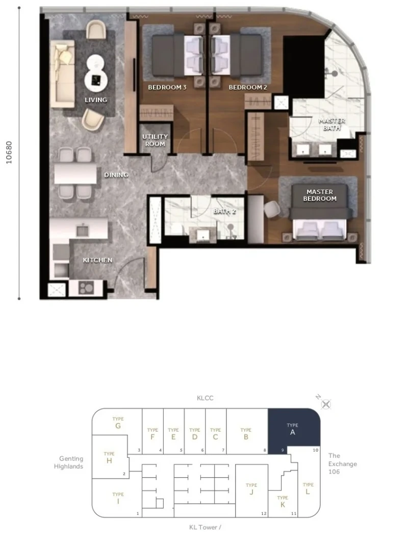 Type A floor plan and key plan diagram — CloutHaus Residences KLCC